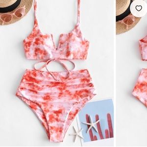 ZAFUL Tie Dye Lace Up High Cut Ruched Tankini